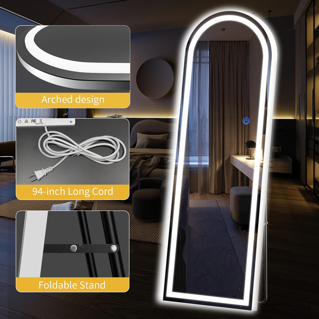 Arch Full Length Standing Mirror with LED Lights, 56"x20" Lighted Mirror with Dimming & 3 Color Lighting, Tall Mirror