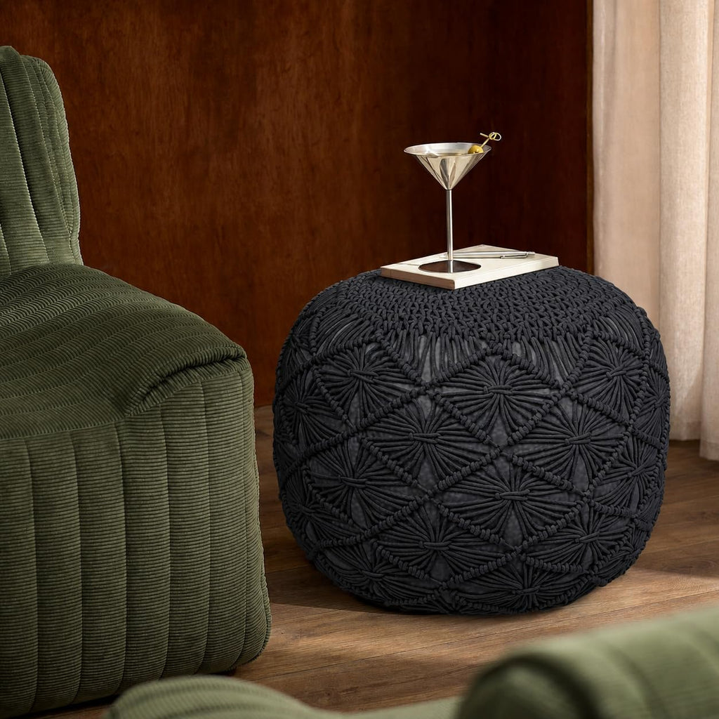 Macrame Pouf Ottoman 20x20x14 Grey Handwoven Dori Footrest Stool