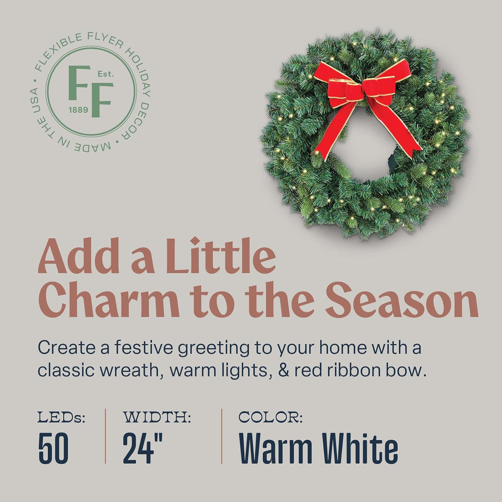 Battery Operated Wreath for Front Door. Pre-Lit Evergreen Xmas Lighted Holiday Christmas Outdoor Timer, 24", Red