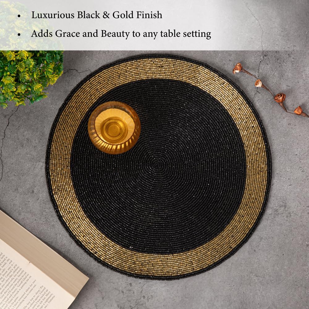 Black & Gold Beaded Placemat - 14" Space Tablemat Handmade Luxury Table Charger, Non-Slip Heat Resistant Dining &