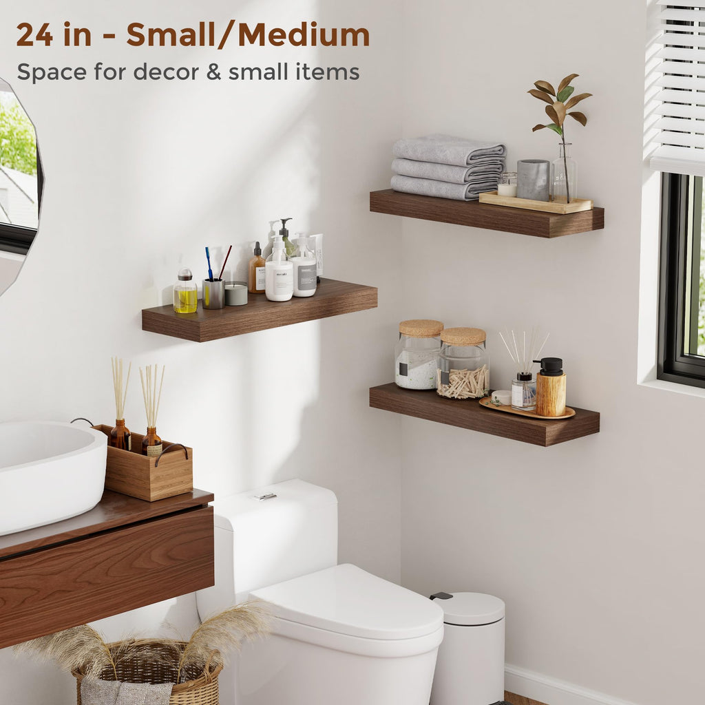 24 Inch Floating Shelves for Wall Walnut Shelves Set of 2, Wall Mounted Rustic Wood 8 Inch Deep Floating Shelf with