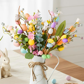 Easter Decorations: Rustic Easter Flowers Artificial Easter Eggs with Metal Pitcher Vase, Table Centerpieces Floral - Set of 17