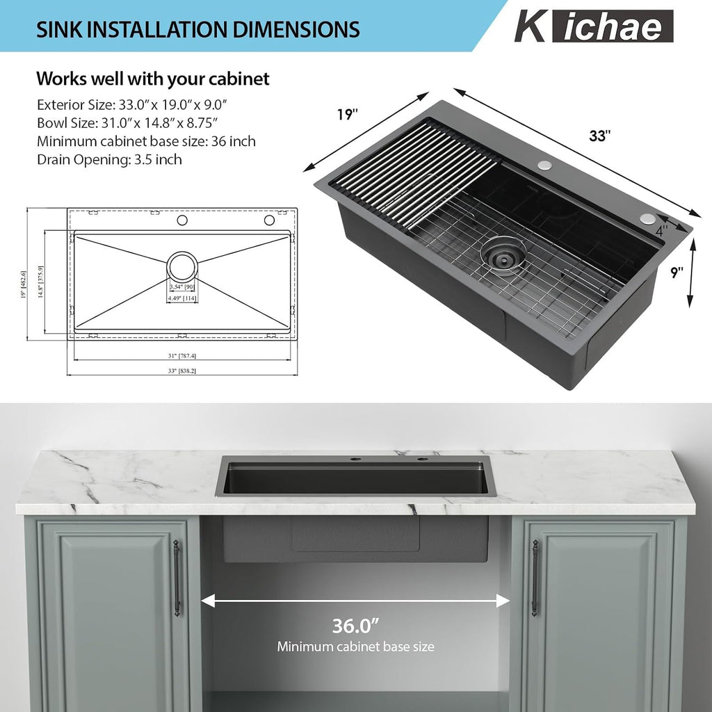 33 Black Drop Sink Workstation 33x19 Black Kitchen Sink | Workstation Drop Sink Black Stainless Steel Topmount 16