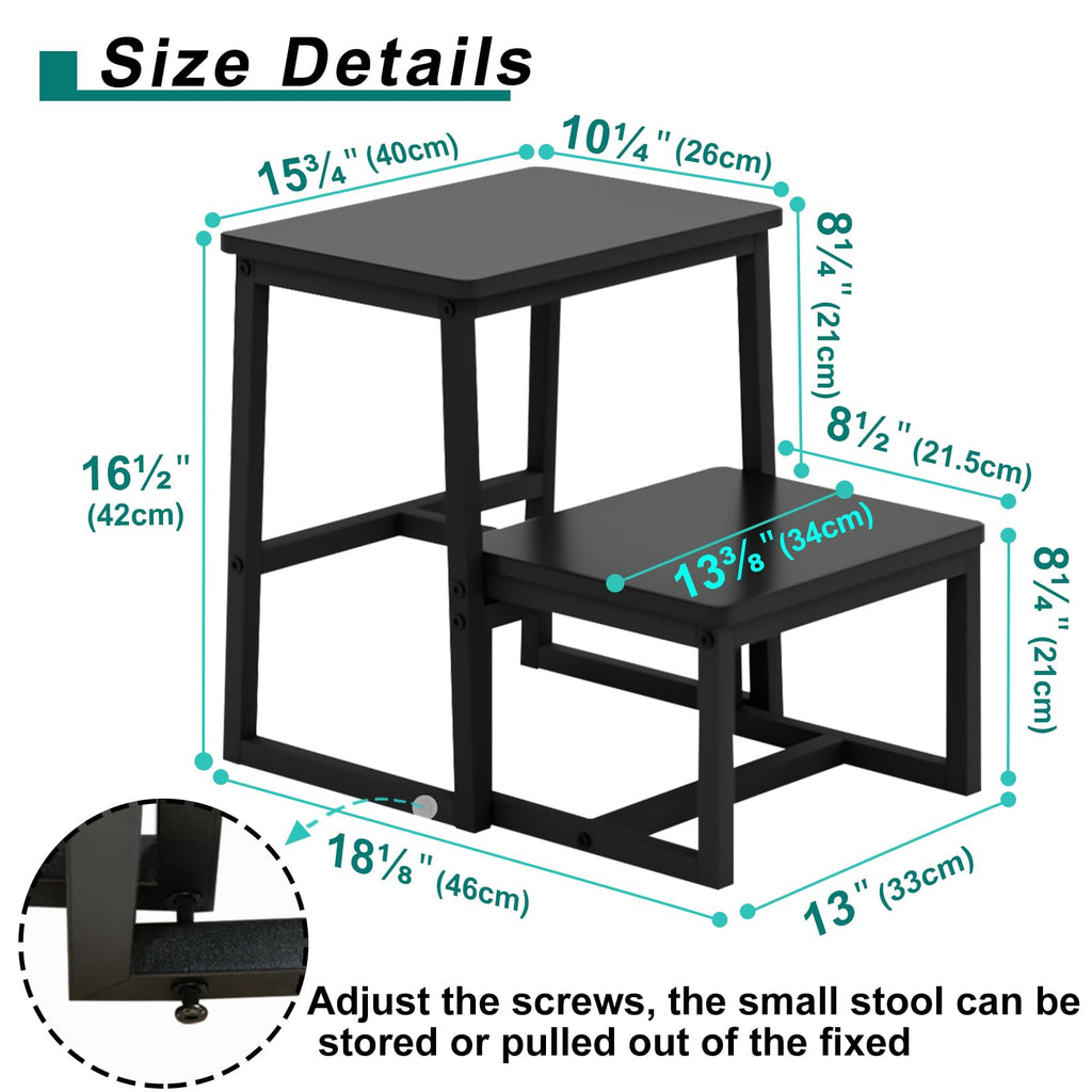 2 Step Stool for Adults Wooden Office Step Stools with 500 Lbs, Black