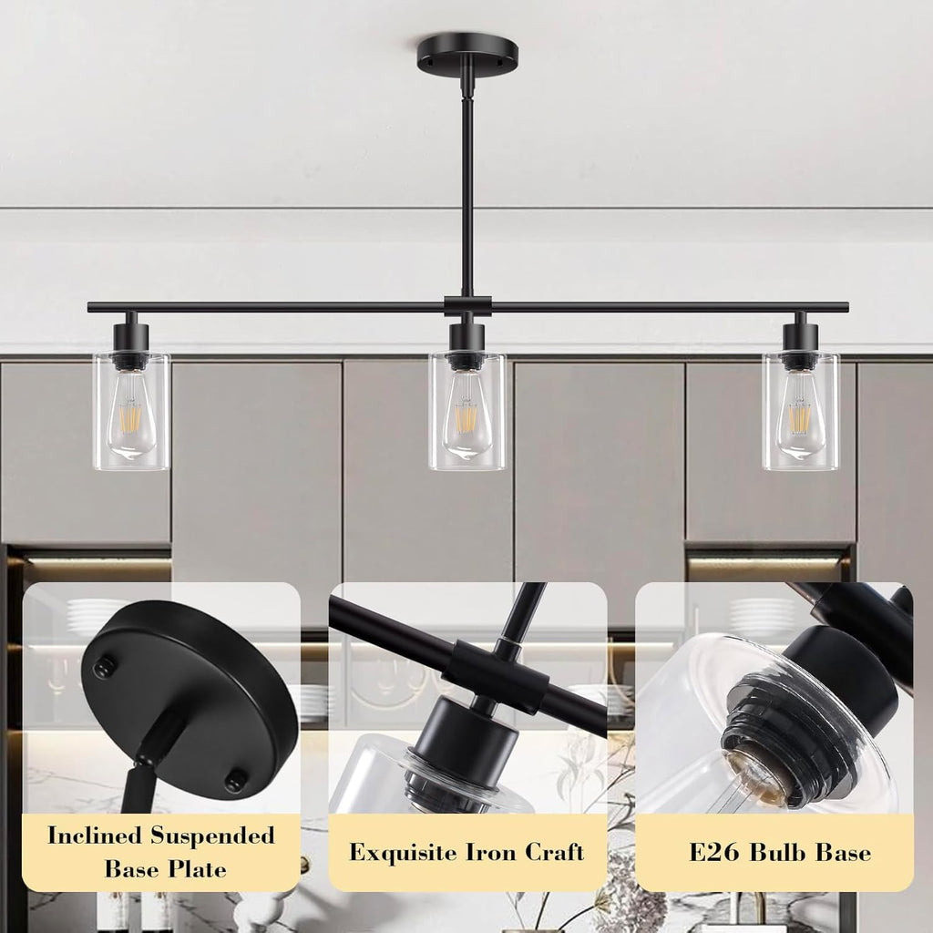 Kitchen Island Lighting, 3 Lights Linear Chandeliers Rectangle Pendant Light Fixtures Farmhouse Hanging Light
