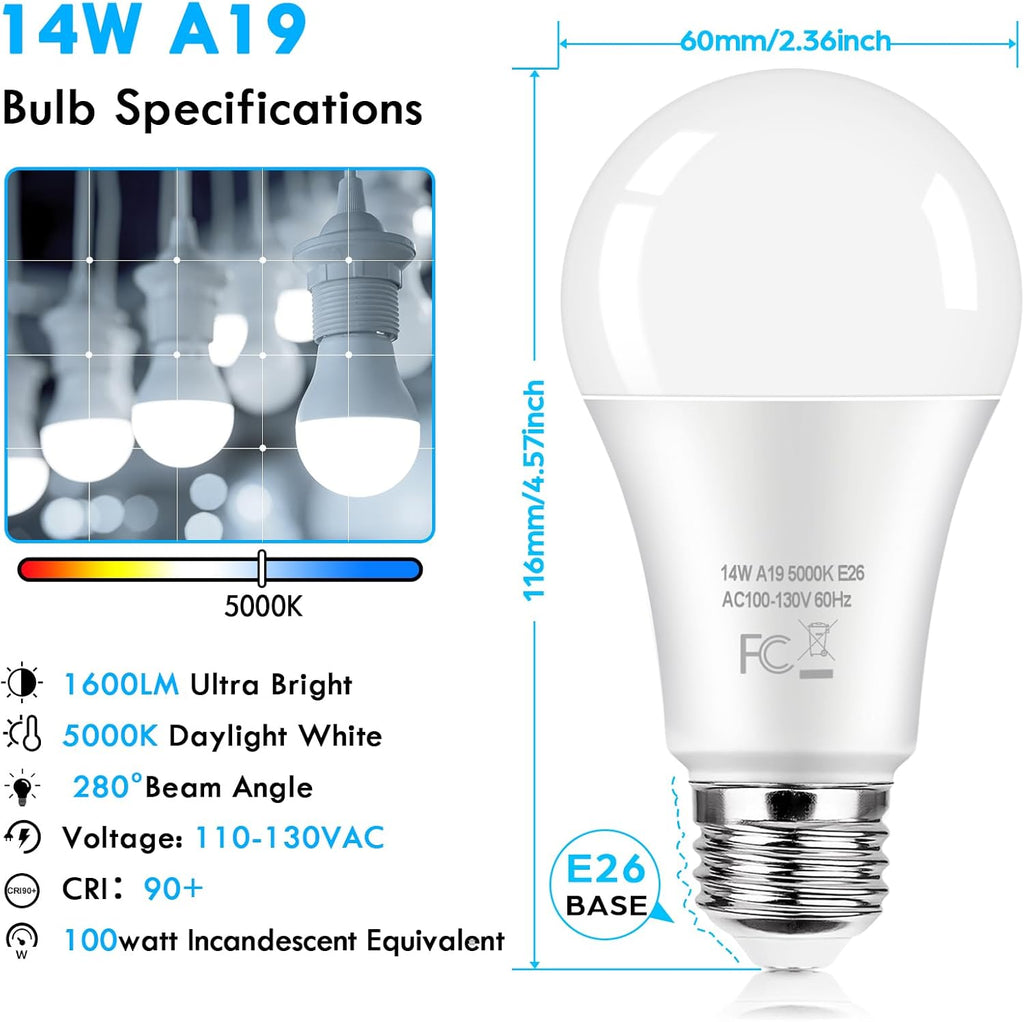 LED Light Bulbs 100 Watt Equivalent 1600 Lumens, A19 14W Super Bright Daylight White 5000K LED Bulbs, Standard E26