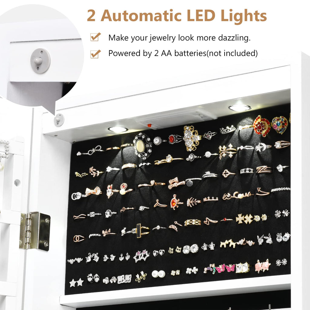 Wall Mounted Jewelry Armoire with Full Length Mirror & 2 LED Lights, Large Storage Capacity, Lockable Mirror Jewelry