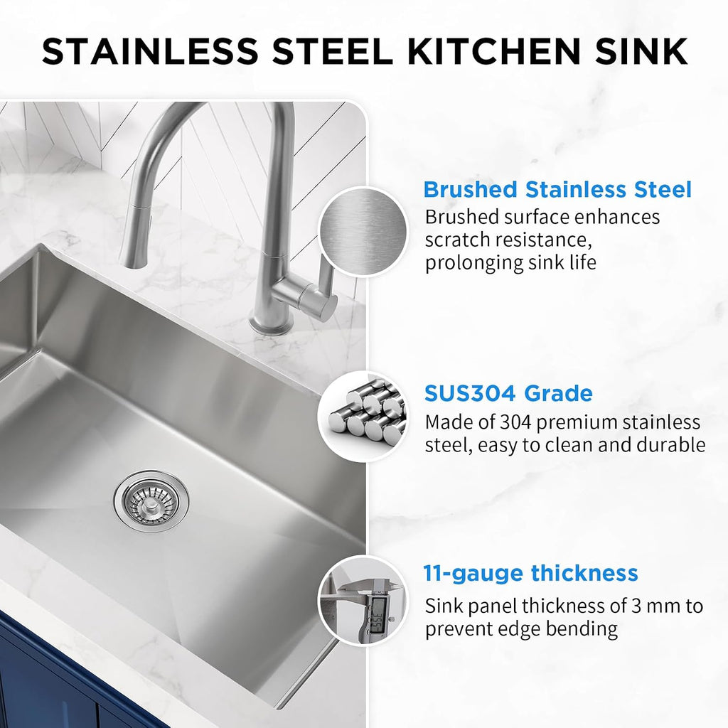 32 Inch Undermount Kitchen Sink with Quiet Drain, Bottom Grid - 11 Gauge Stainless Steel Single Bowl