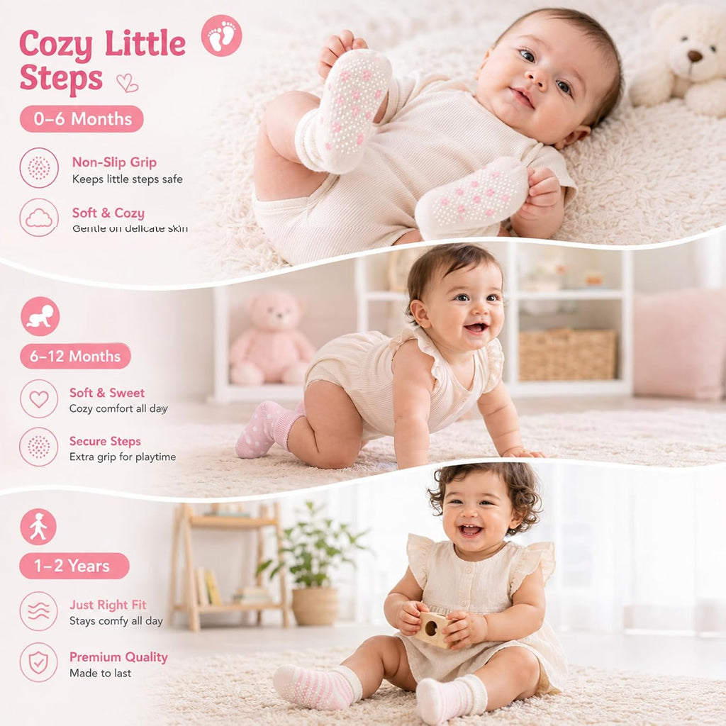 6 Pairs Cotton Baby Girl Socks with Grips Non Slip Toddler Infant Socks Terry Turn Cuff