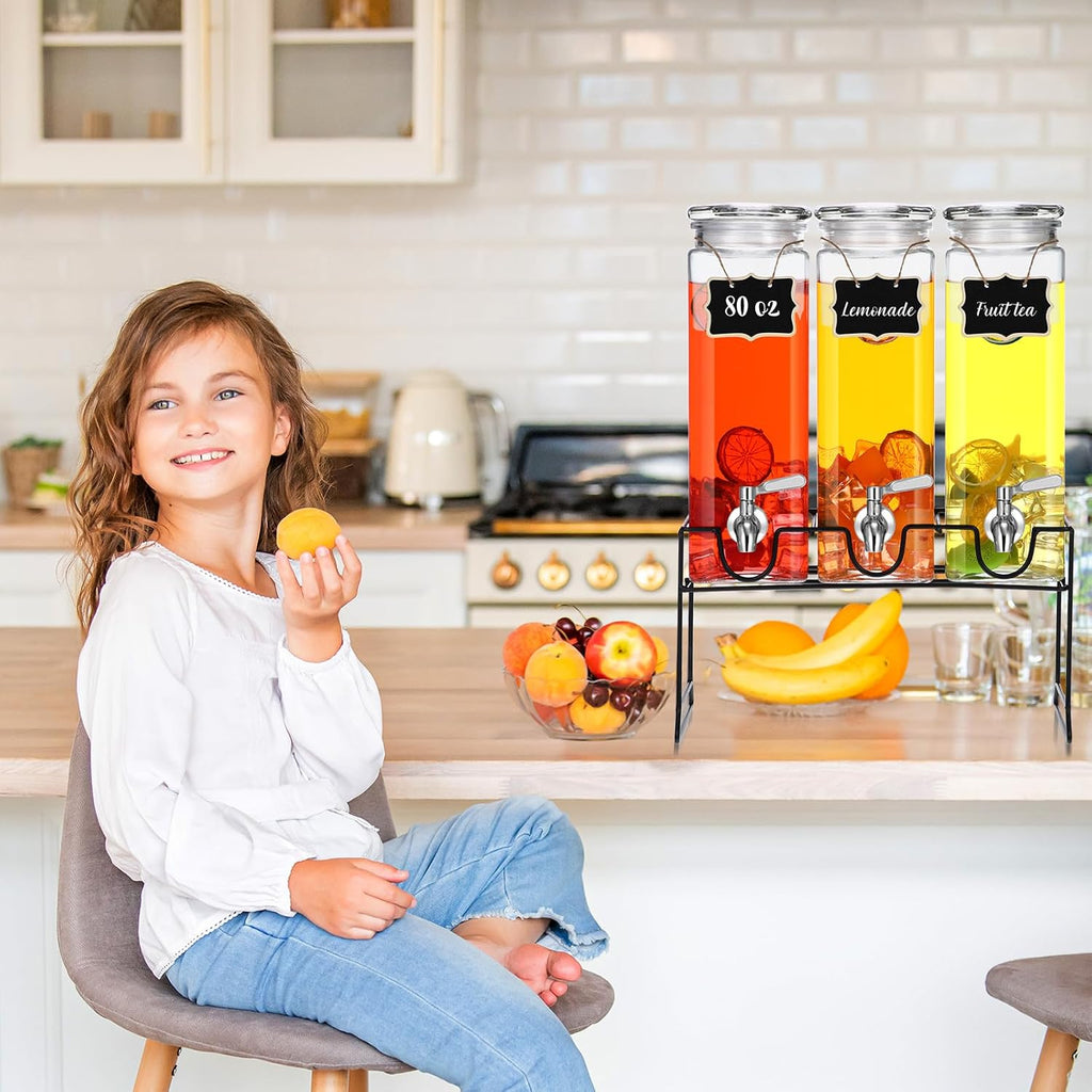80 oz Tall Glass Drink Dispenser with Stand, Lid, Label and Stainless Steel Leakproof Spigot Beverage Water - Set of 3