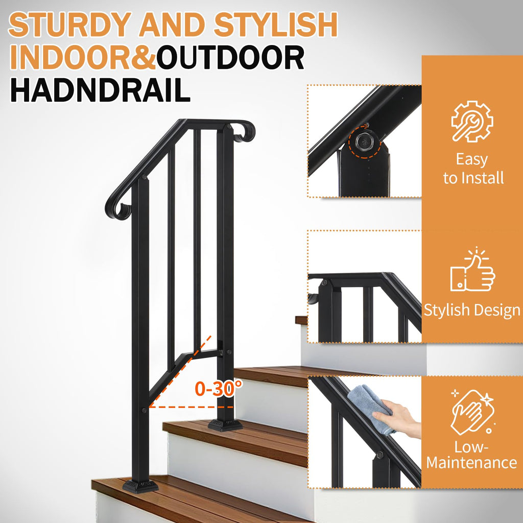 Handrails for Outdoor Steps, Black Wrought Iron Fits 1 Step