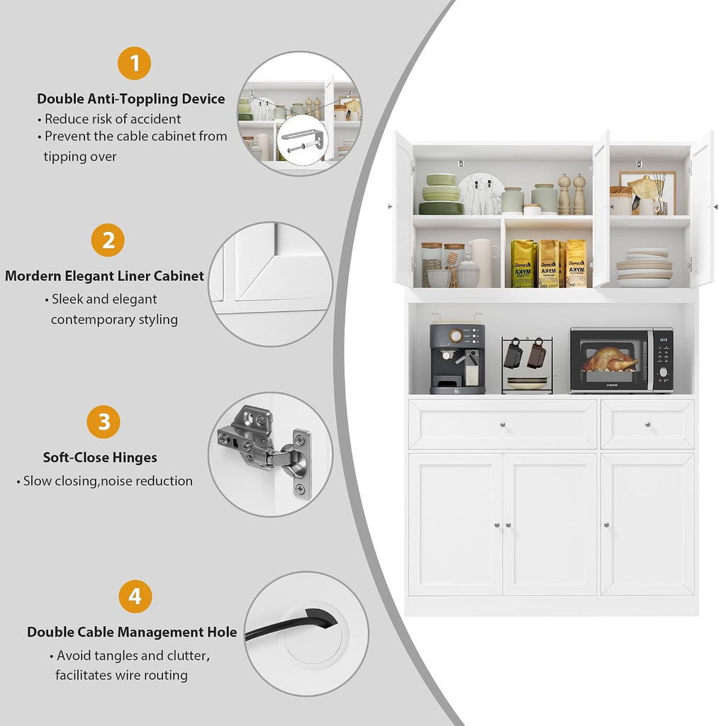 72" Kitchen Pantry Cabinet, Kitchen Hutch with Microwave Stand, Buffet Cabinet with Hutch , White | 2 Drawers, Large