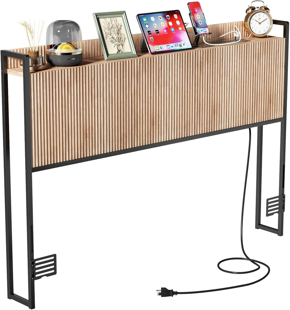 King Headboard Only with Outlets, Wall Mount Wood Fluted Headboard with Storage, Height Adjustable, Storage Rack