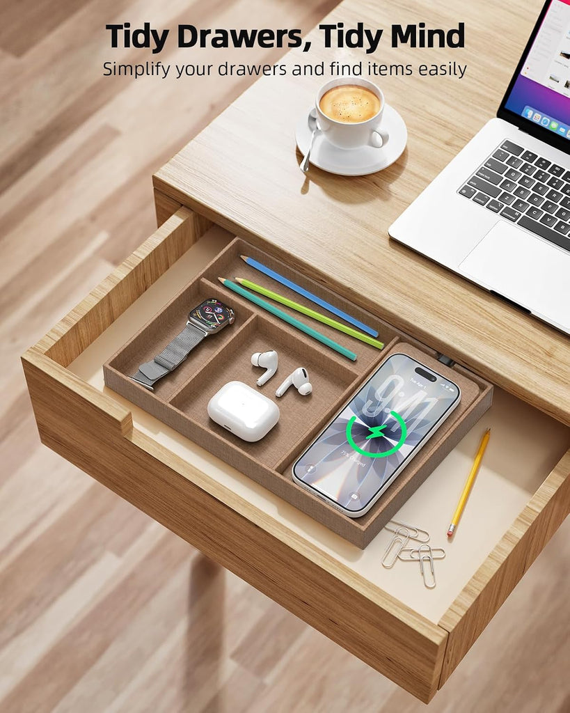 Valet Tray with Wireless Charger, Nightstand Organizer & Catchall Tray for Phone, Keys, Glasses and Accessories