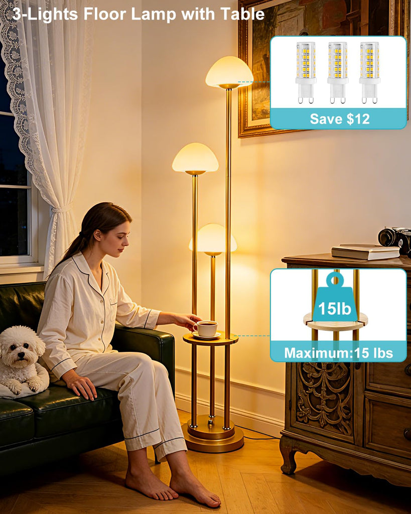 Gold Dimmable Floor Lamp with Table, Modern Floor Lamps with Mushroom Shades & Bulbs, 3000K Warm Lights Tall Standing