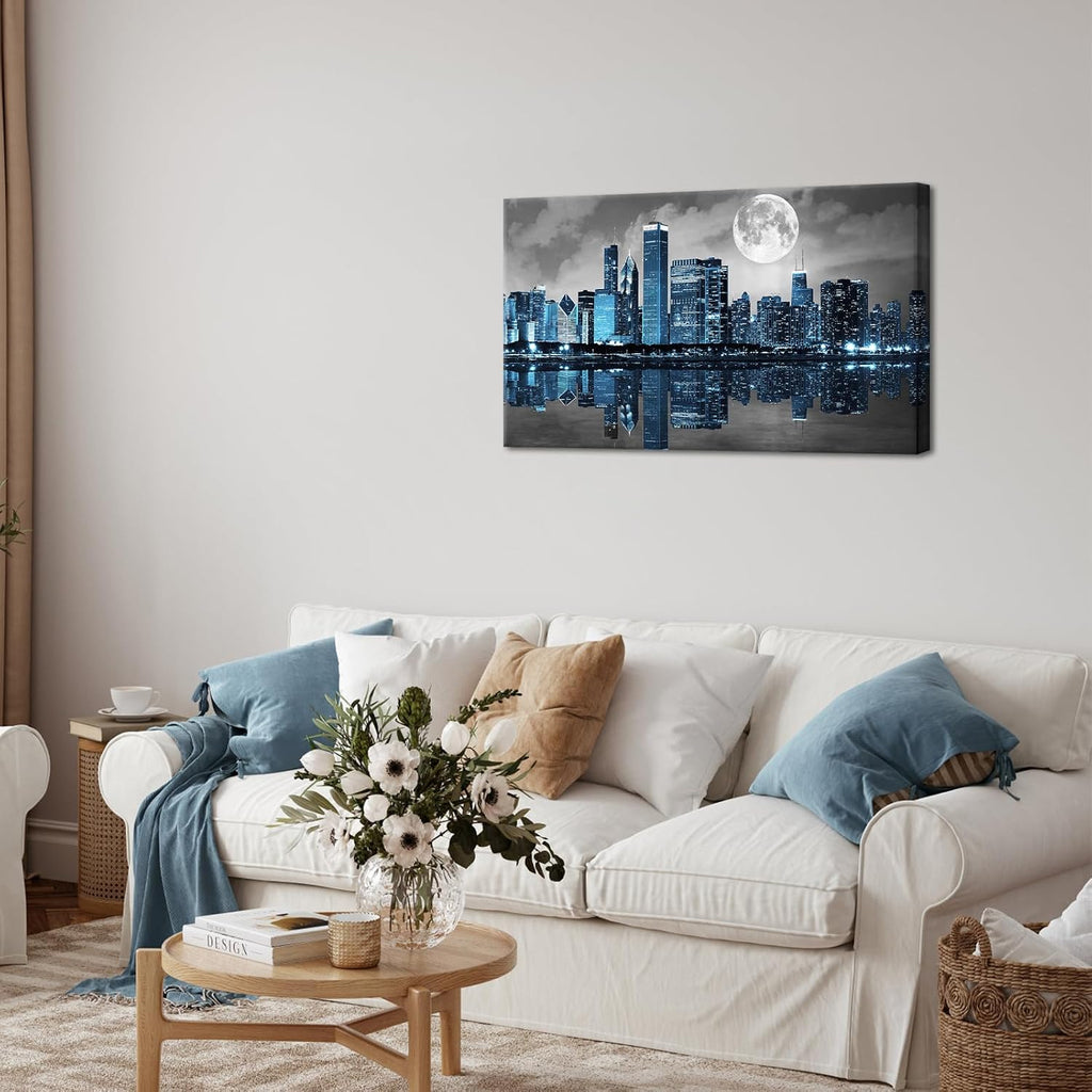 Black White Blue City Wall Art Chicago Pictures Decoration Moon Night Cityscape Skyline Canvas Painting Prints Framed