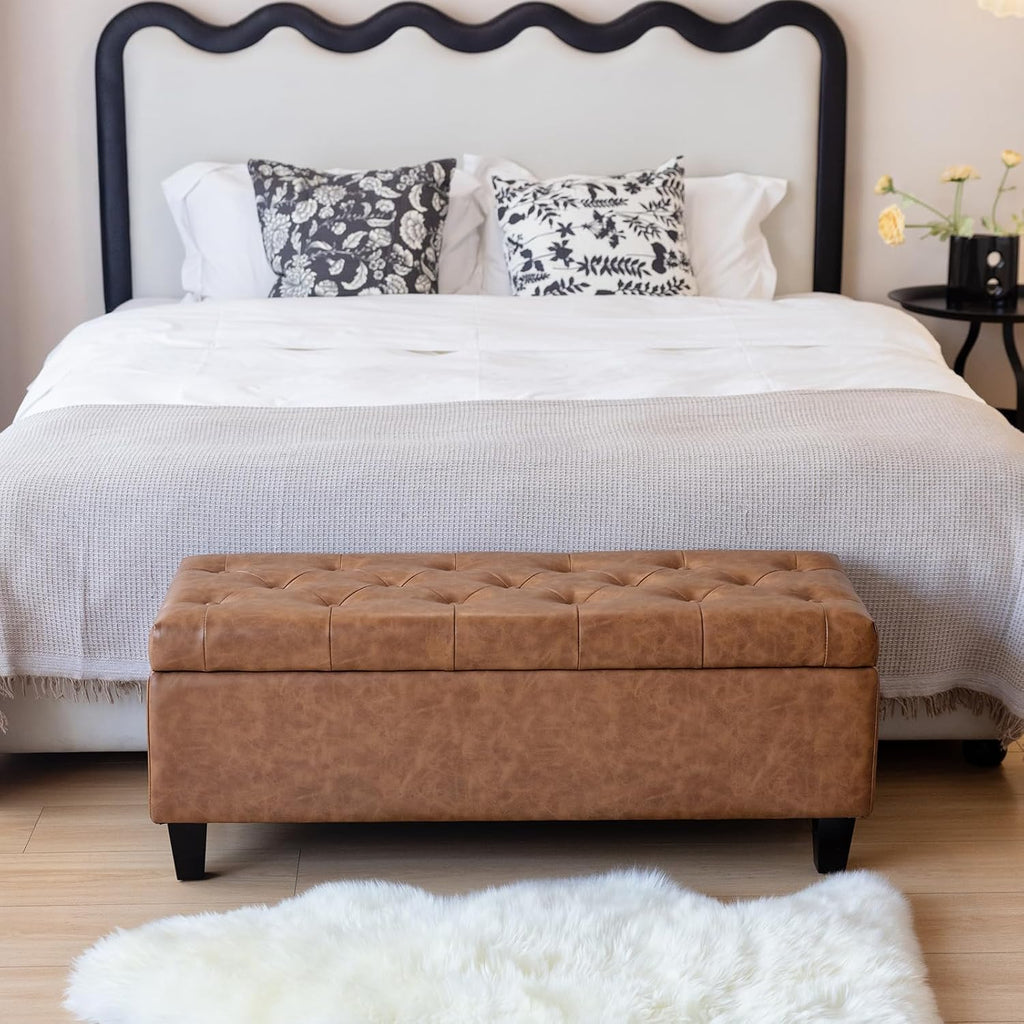 42" Faux Leather Storage Ottoman Bench, End of Bed Storage Bench | Faux Leather, Solid Wood Leg, Safety Hinge, Modern