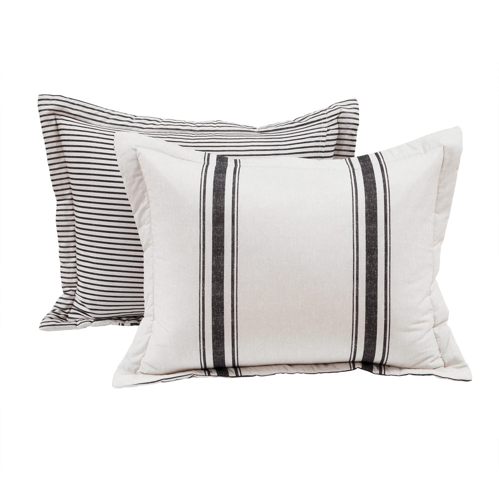 Farmhouse Stripe Reversible Cotton Comforter Set, 3 Piece Set, Black - Cozy Farmhouse Bedding Set - Rustic