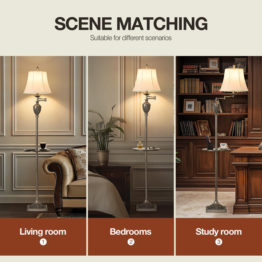 Traditional Floor Lamp with Tray, Remote Dimmable,350° Swing Arm and Silver