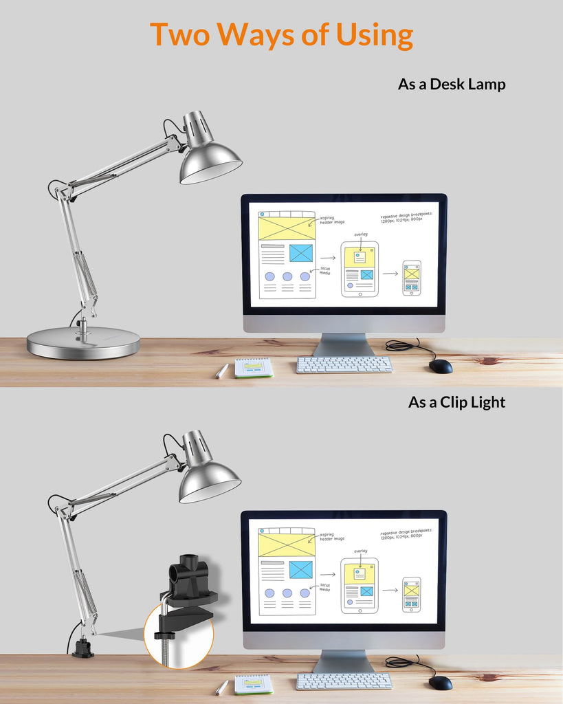 Metal Adjustable Desk Lamp with Clamp, Swing Arm