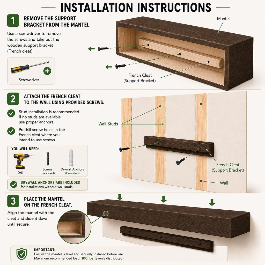 Fireplace Mantel, Rustic, Shelf, Floating Mantle, Real Wood, Beam, (Provincial, 60Lx6Hx8D)