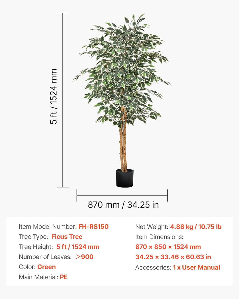 5FT Artificial Ficus Tree with Black Pot, Tall Faux Ficus Plant with Natural Wood Trunk and Realistic Green Leaves