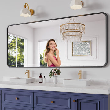 Bathroom Mirror, 32X72 Brushed Black Rectangle Wall Mirror, HD Tempered Glass, Anti-Rust Frame Vanity Mirror, Rounded