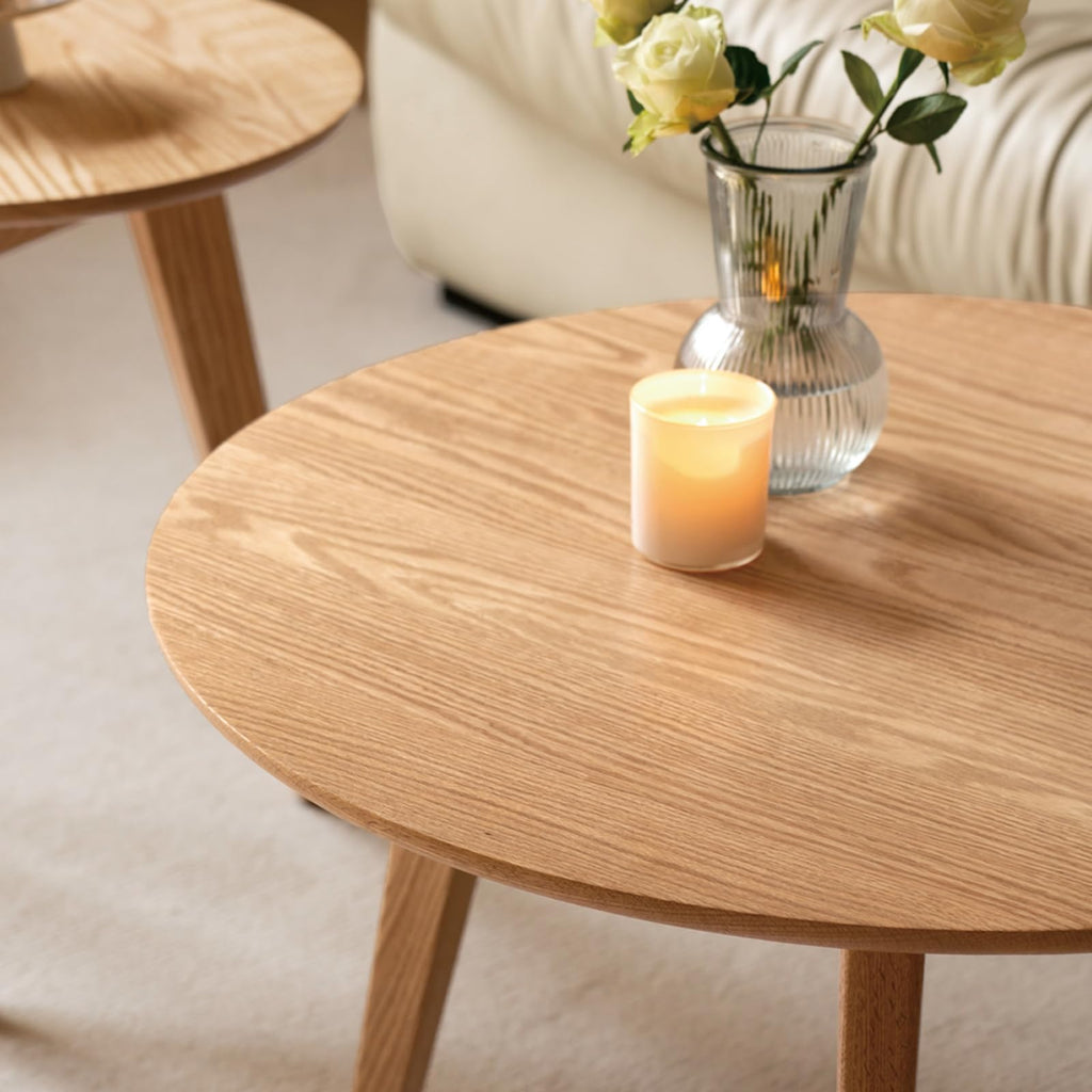 100% Solid Oak Wood Mini Coffee Table, Round Cofffe Tables Side Table w/Solid Wood Legs, Walnut Mid Century Table