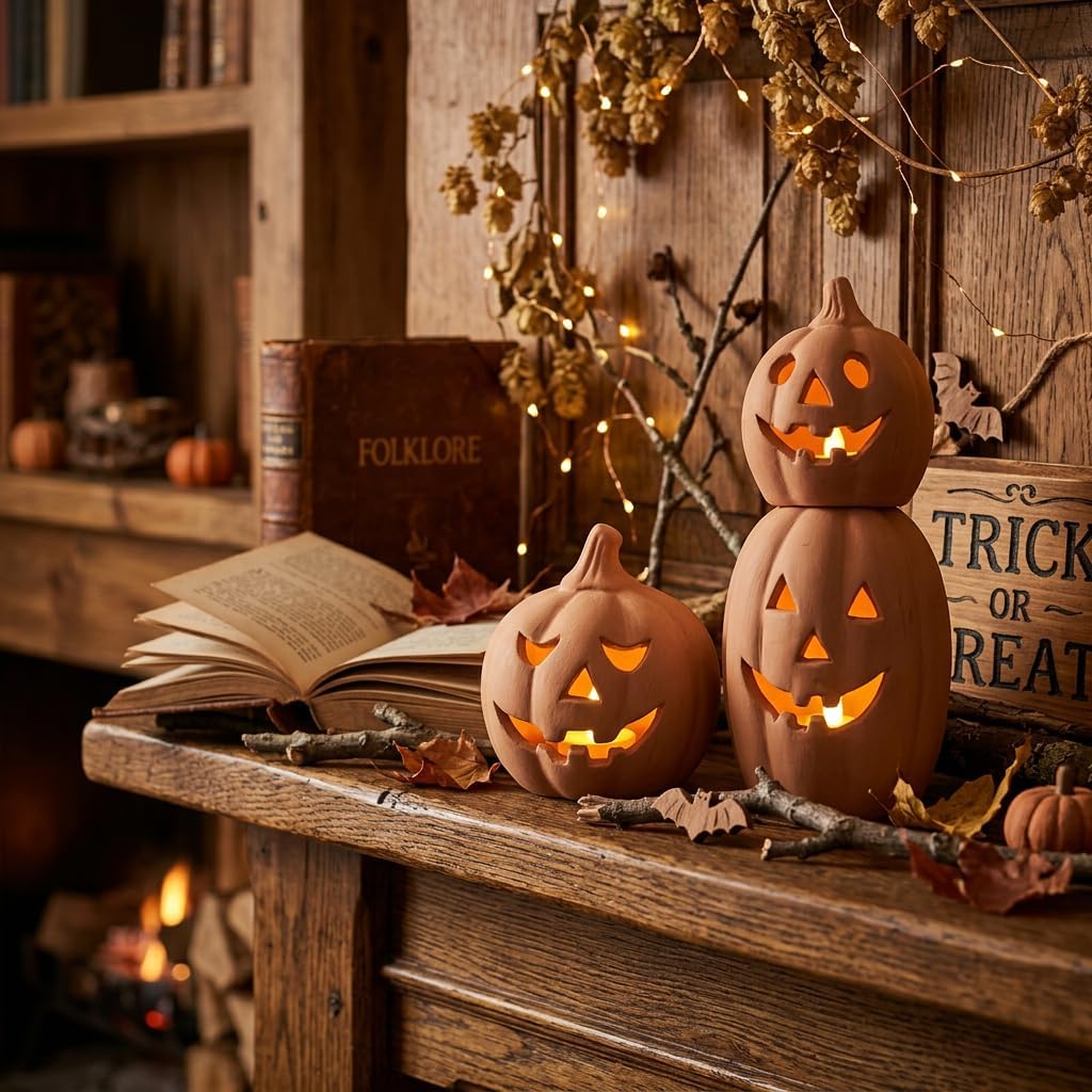 Mini Terracotta Pumpkin Halloween Decor, 6 in Max - Set of 3