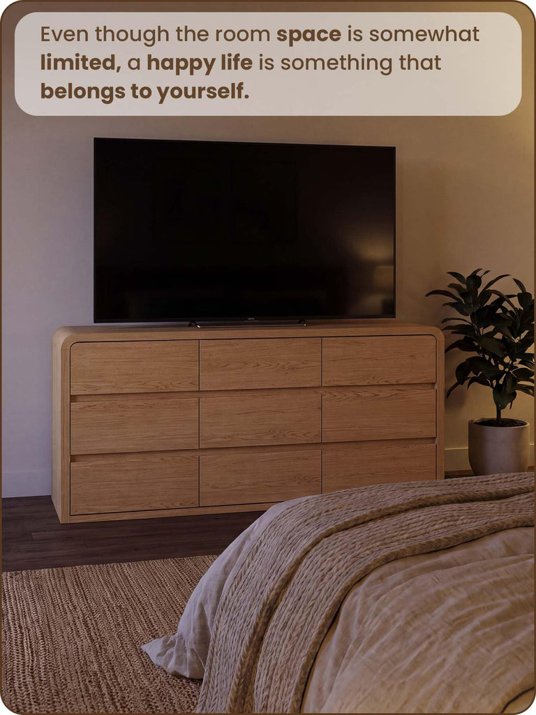 Modern 63" Wide 9 Drawers Dresser with Curved Profile Design, Oak