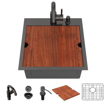 18x18 Matte Black Bar Sink with Faucet Drop In T304 Stainless Steel