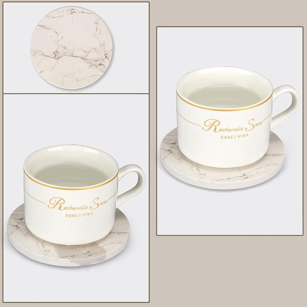 4inch Round White Marble Coaster with Gold Storage Rack - Set of 6
