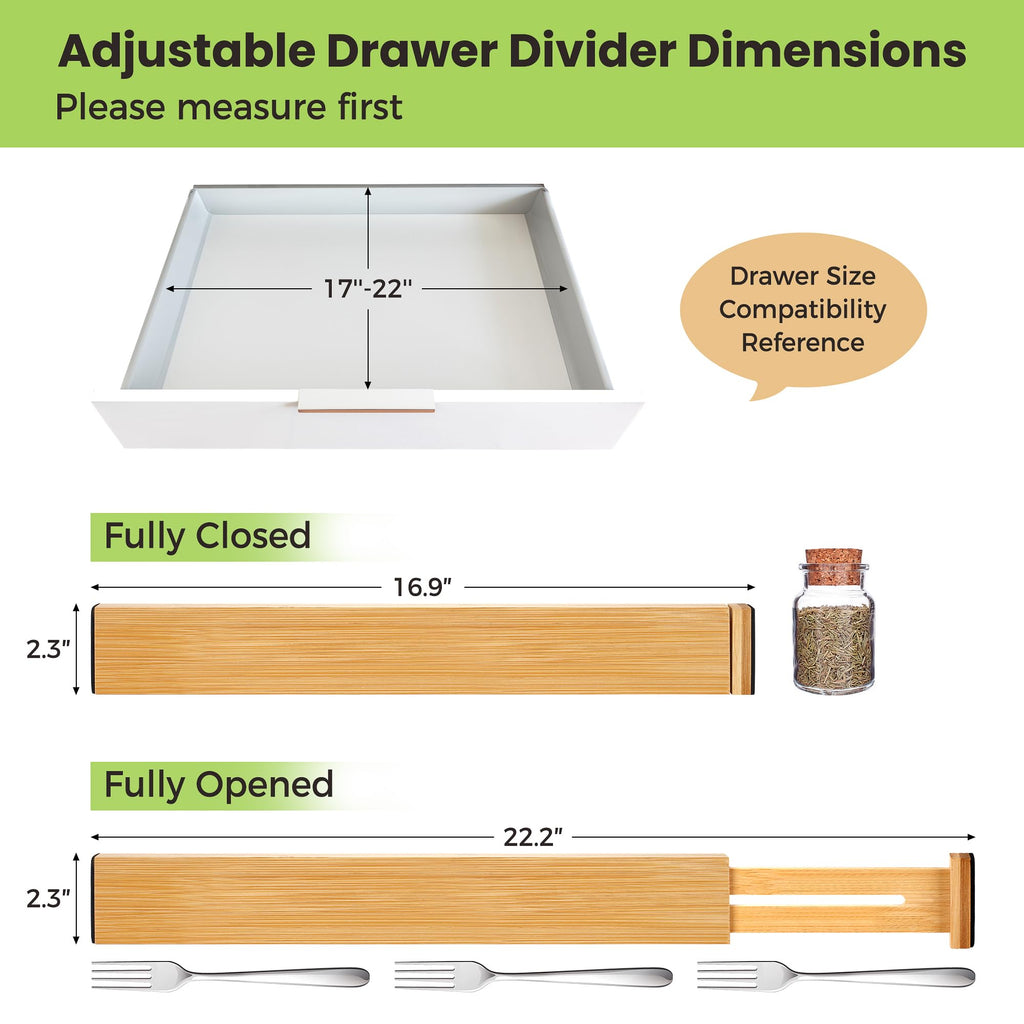 Drawer Organizer, Spring-Loaded Expandable Bamboo Dividers 4-Pack