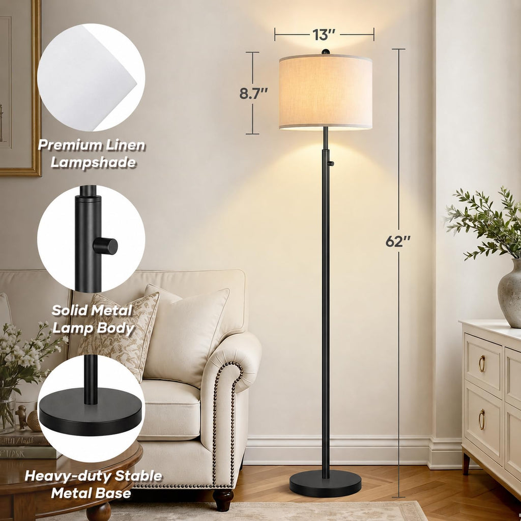 Upgraded】 Dimmable Floor Lamp, 11W LED Bulb Included, Modern Standing Lamp, Tall Pole Light with Linen Shade Reading