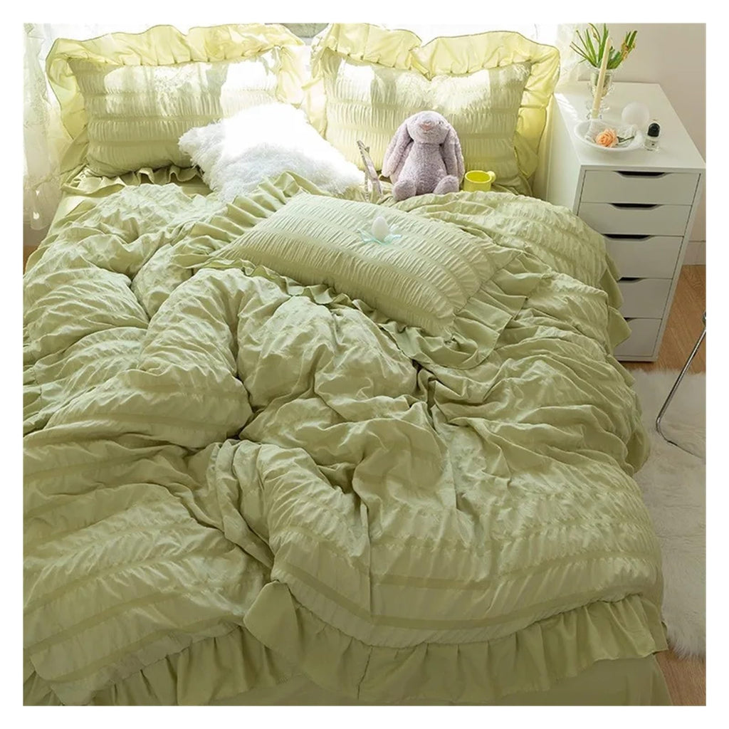 Ultra Soft Seersucker Fabric Ruffle White Bedding Set Double 4Pcs Quilt Duvet Cover Flat Bed Sheet 2