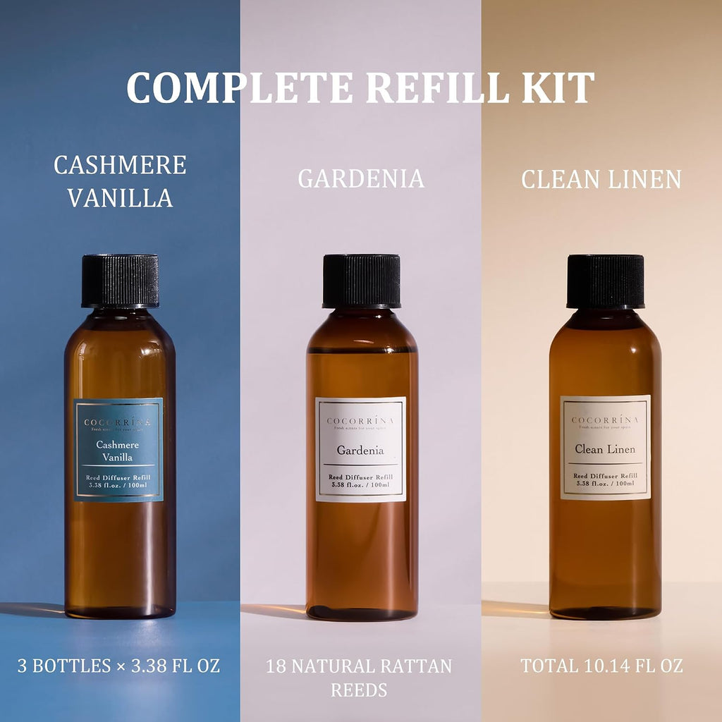 Reed Diffuser Refill Set, 10.2oz Scented Oil Refill 3 Pack, Clean Linen, Cashmere Vanilla, Gardenia, Long Lasting Oil - Set of 3