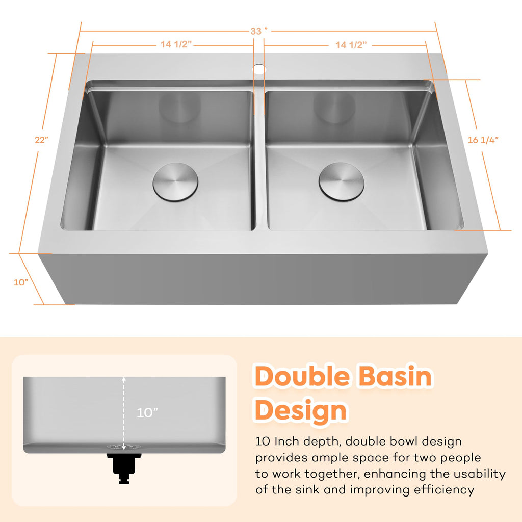 33 x 22 Drop In Farmhouse Kitchen Sink 50/50 Double Bowl