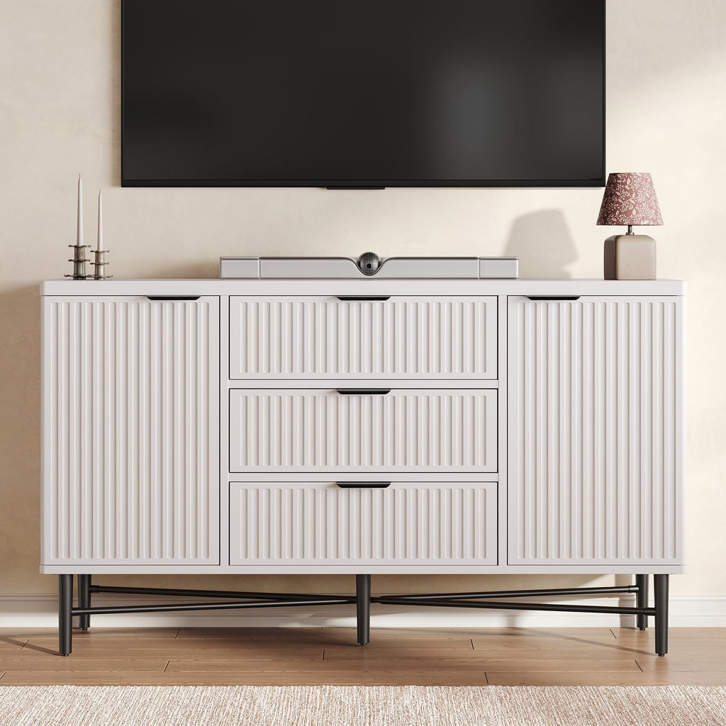 Fluted Buffet Cabinet with Door Shelves & 3 Storage Drawers, White