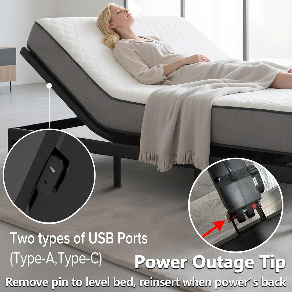 Queen Adjustable Bed Frame with Massage, Remote & USB Ports (Queen)