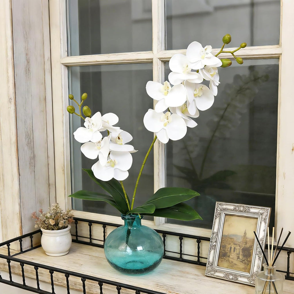 2 Branches Artificial White Phaleanopsis Flowers Faux Orchids Stems Leaves Plants Bonsai Garden Decoration (White)