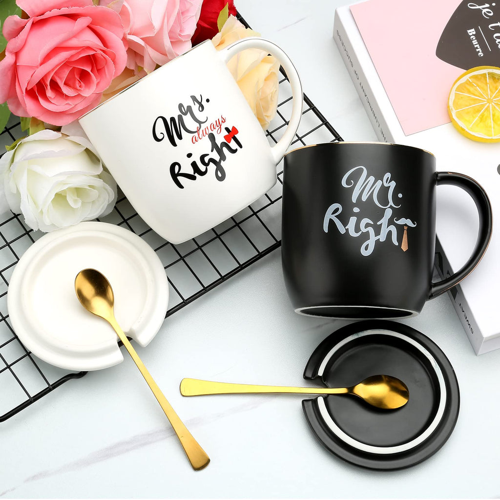 Wedding Gifts For Couples, Ceramic Mugs Set with Lids & Spoons