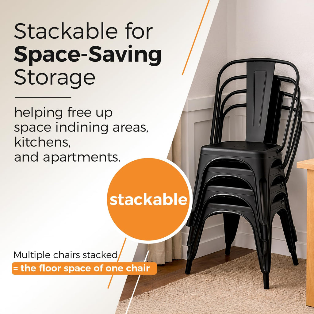Matte Black Stackable Metal Dining Chairs, Set of 6