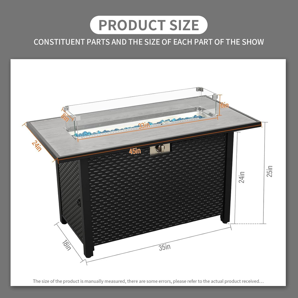 45 Inch Fire Table for Outside 60000 BTU Steel Gas Pit Outdoor with Woodgrain Marble Tabletop Glass Wind Guard Cover