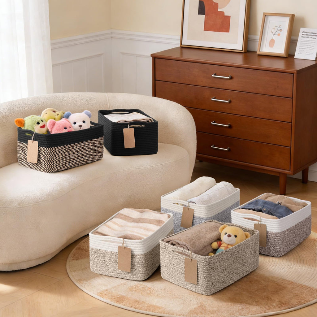 4 Pack Storage Baskets for Organizing Shelves, Black & Jute