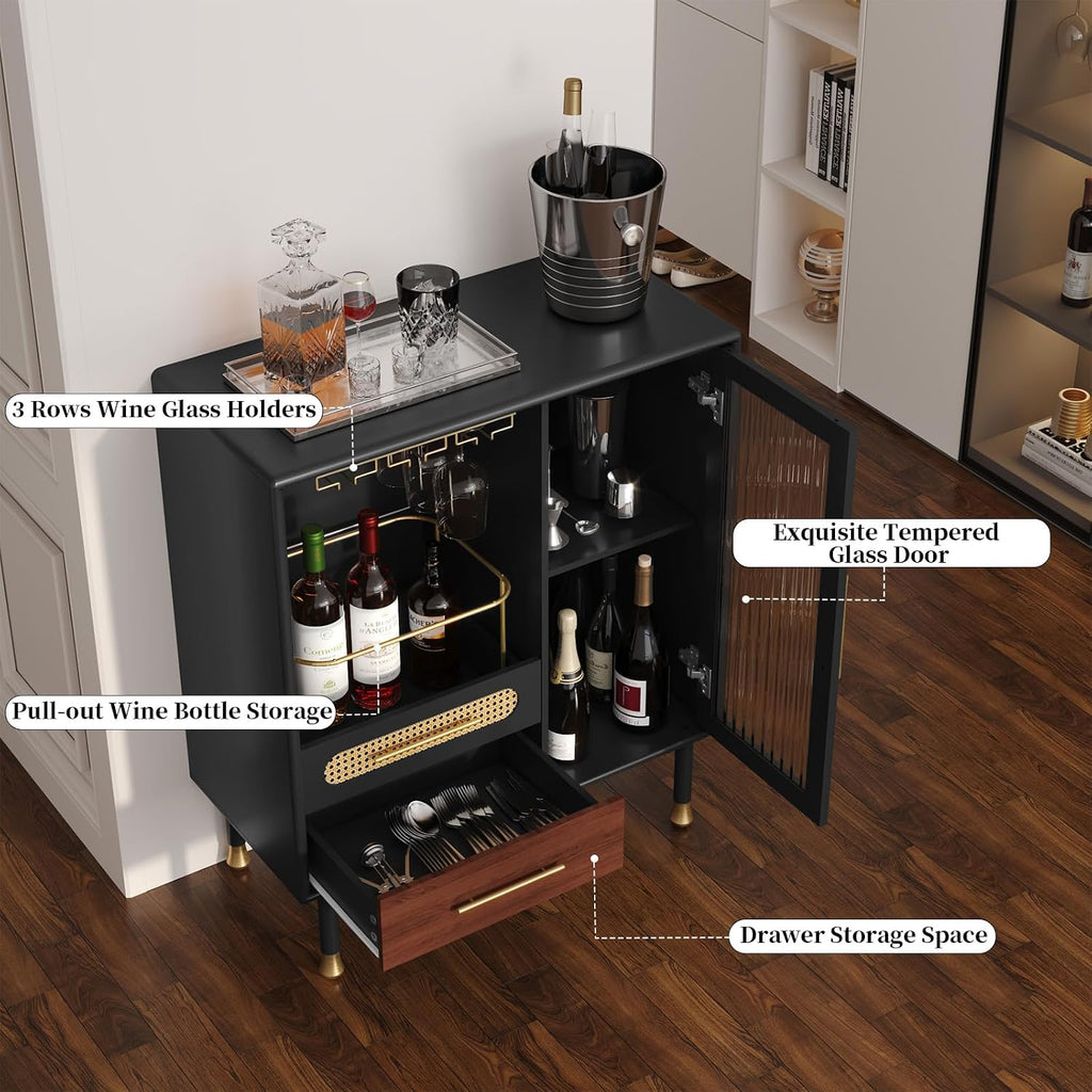 Modern Coffee Bar Cabinet with Pull-Out Wine Storage, Black | Bar Cart with Wine Glass Rack and Drawers, Liquor