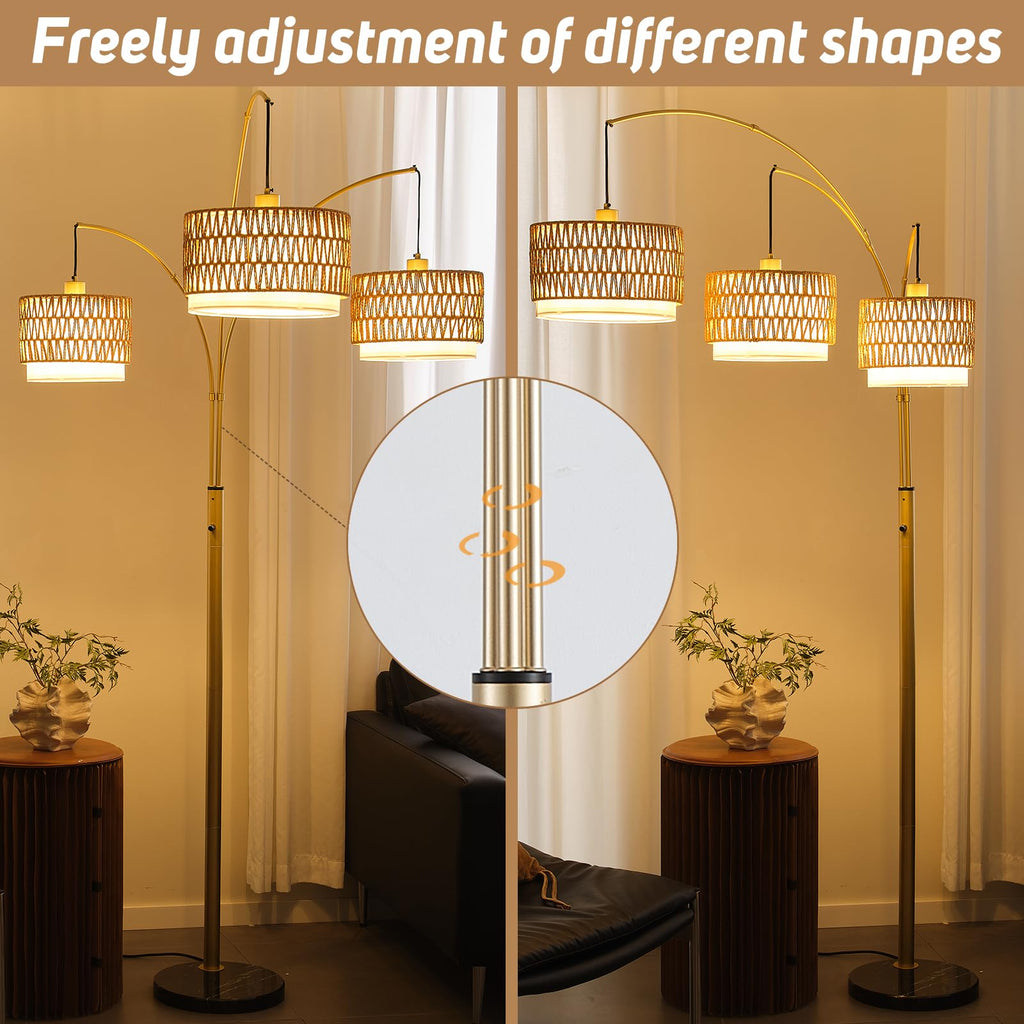 80'' Brushed Gold Rattan Arc Floor Lamp, 3-Light Boho Lamp