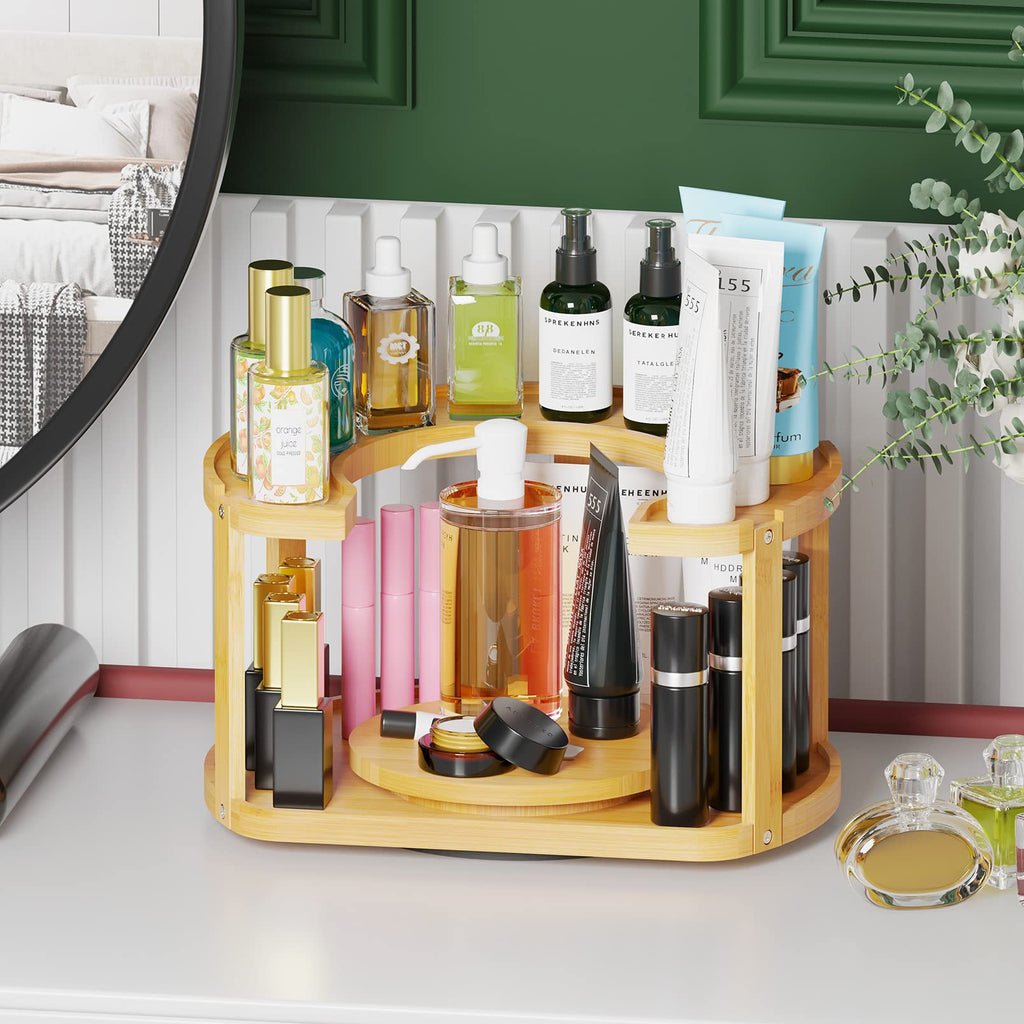2 Tier Bamboo Spice Rack Organizer, Lazy Susan Turntable for Cabinet, Home Kitchen Spices Spinning Rotating Shelf