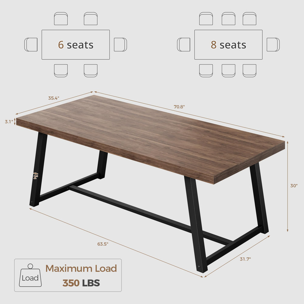 71" Dining Table for 6-8 People, Industrial Kitchen Table with Sturdy Metal Frame, Rectangular Brown Wood Dinner Table
