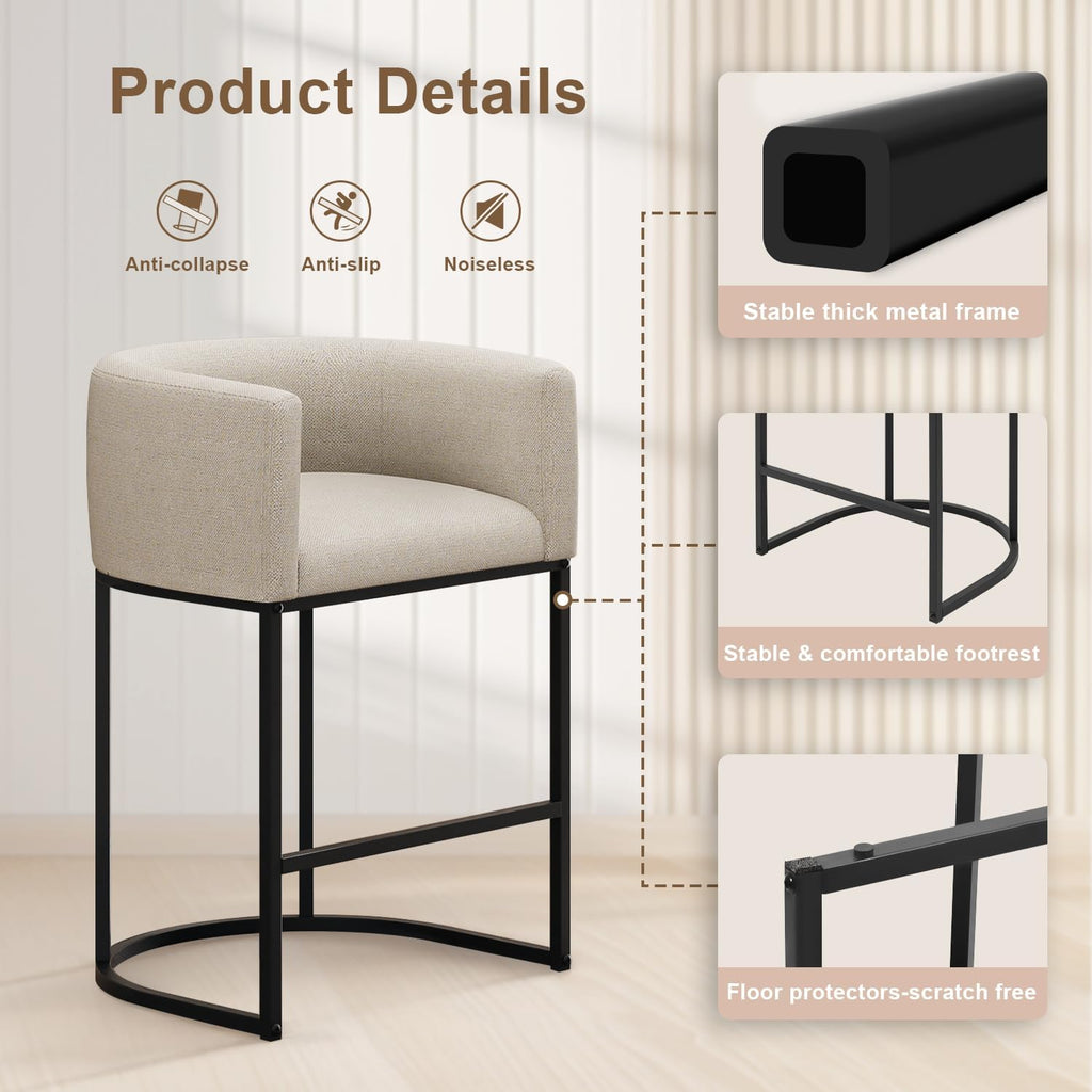 26" H Counter Height Bar Stools Set of 2, Modern Barrel Counter Stools with Backrest and Arms, Linen Fabric
