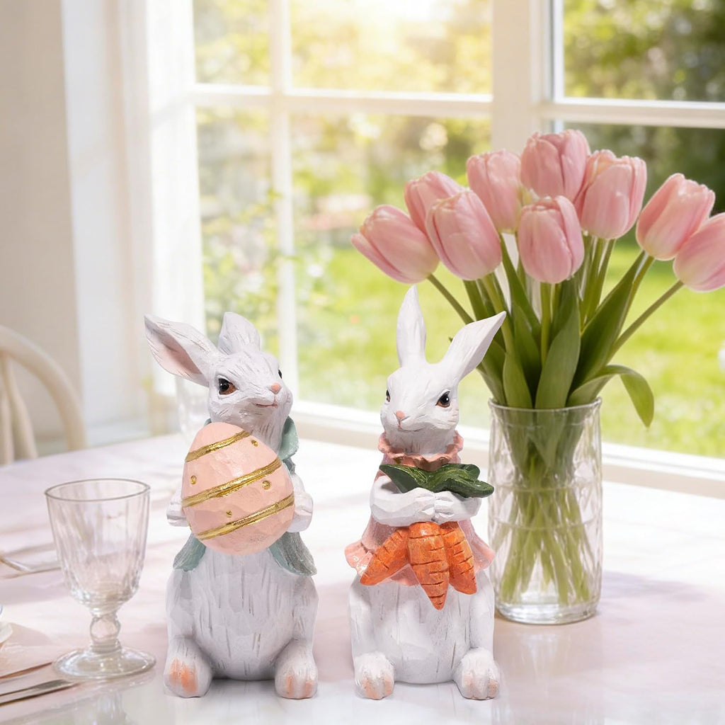 Easter Bunny Decorations Spring Home Decor Bunny Figurines Gifts(Easter White Rabbit ) - Set of 2
